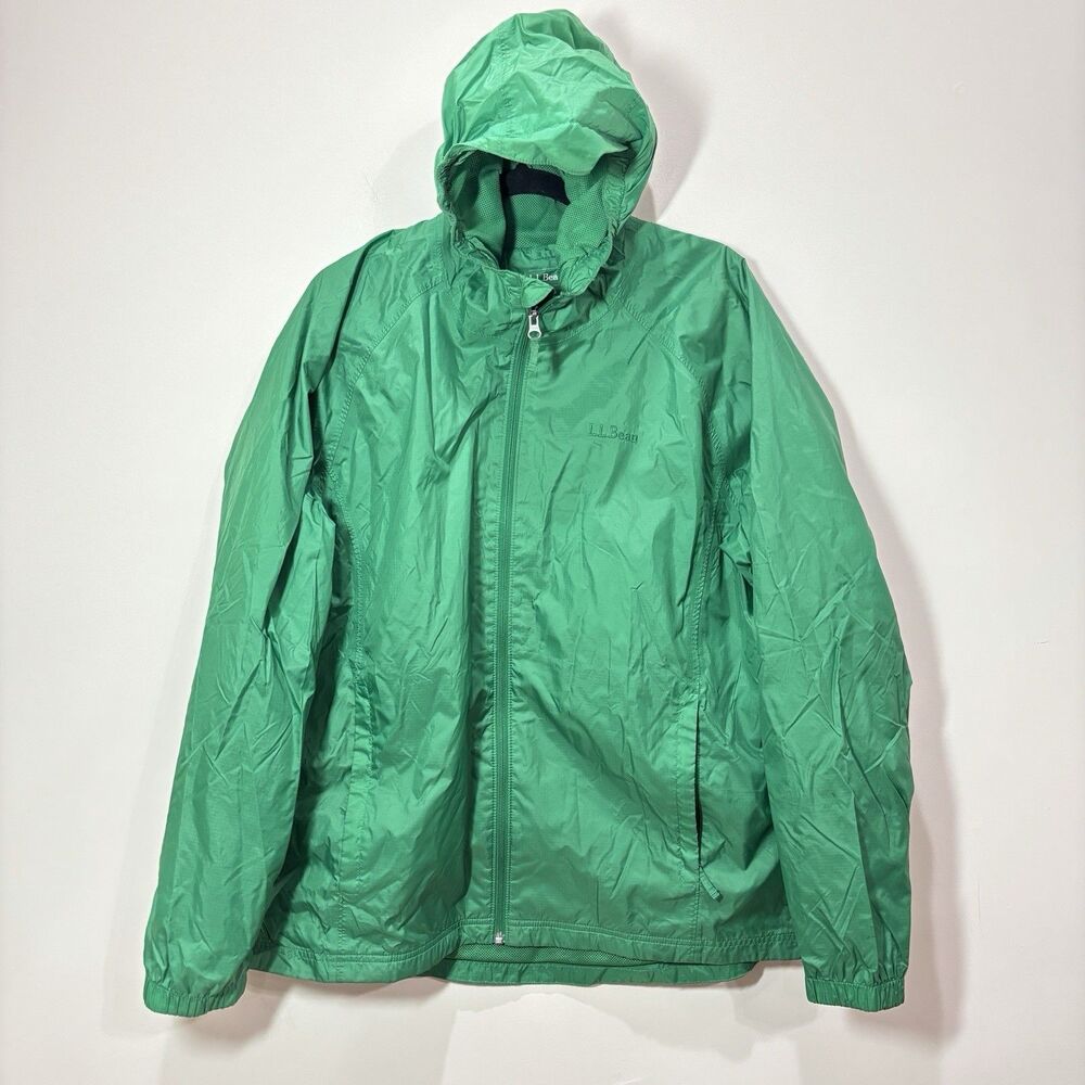 LL Bean Windbreaker Rain Jacket Mens L Green Hooded Full Zip Trail Outdoors Hike
